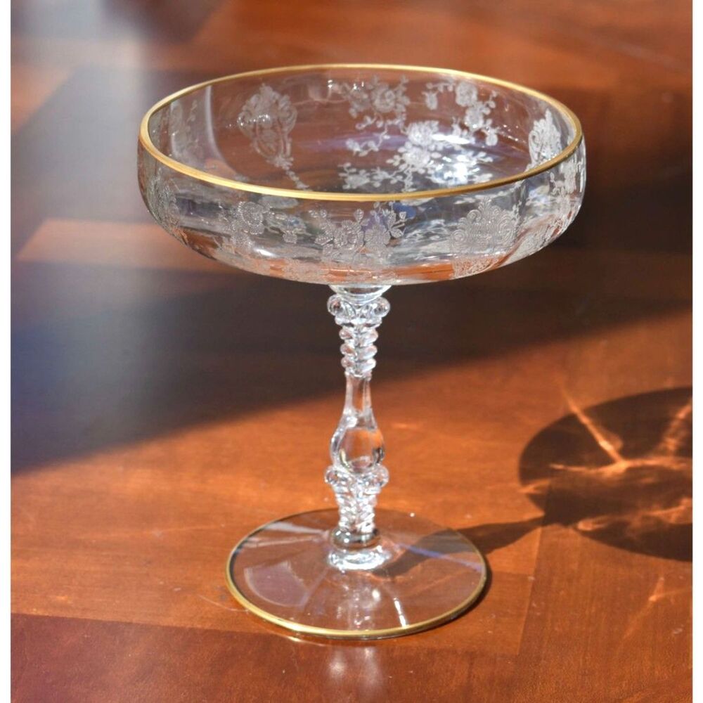 Vintage Cambridge Glass - Gold Trim - Round Compote Rose Point - Clear Stem 3121